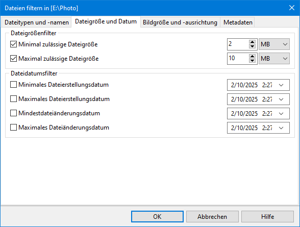 Fotodateigröße und Datumsfilter