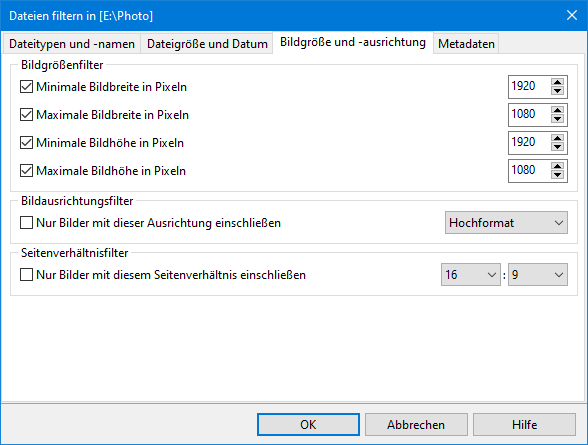 Filter für Fotoausrichtung und Seitenverhältnis