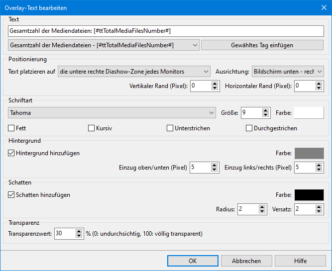 Overlay-Text für die Foto-Diashow konfigurieren